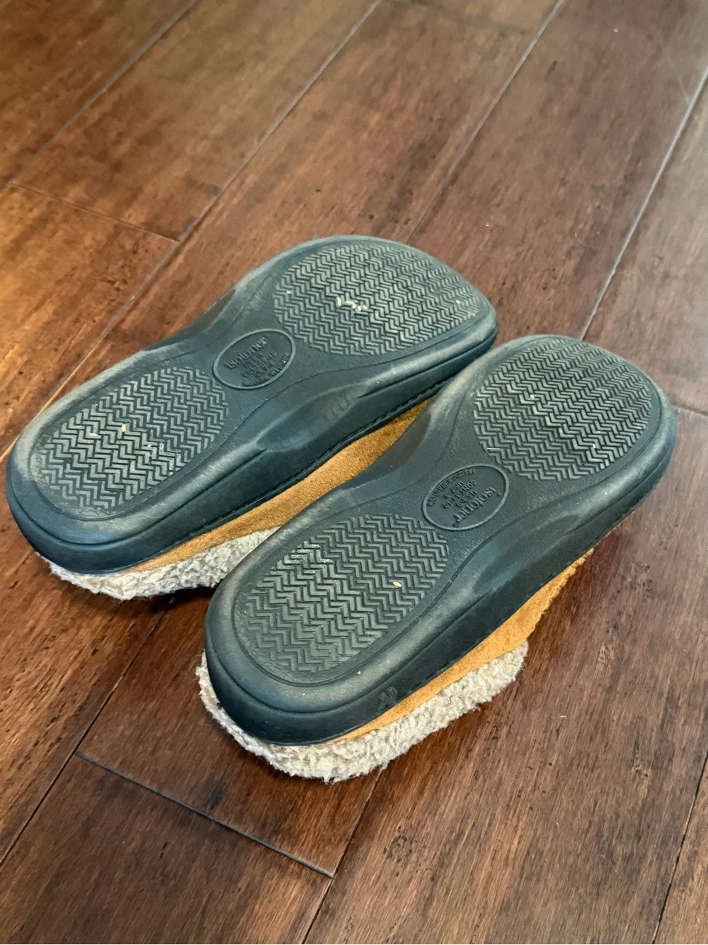 isotoner Tan Suede Clog Slippers with Gray Sherpa Trim